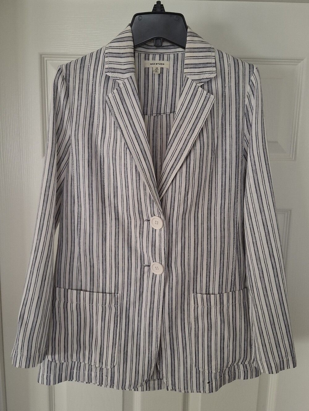 Max Studio Striped Linen Blend Blazer Jacket XS Blue White